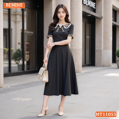 Đầm thiết kế BEMINE cổ sen phối caro viền ren dáng chữ A MT11055