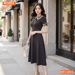Đầm thiết kế BEMINE cổ sen phối caro viền ren dáng chữ A MT11055