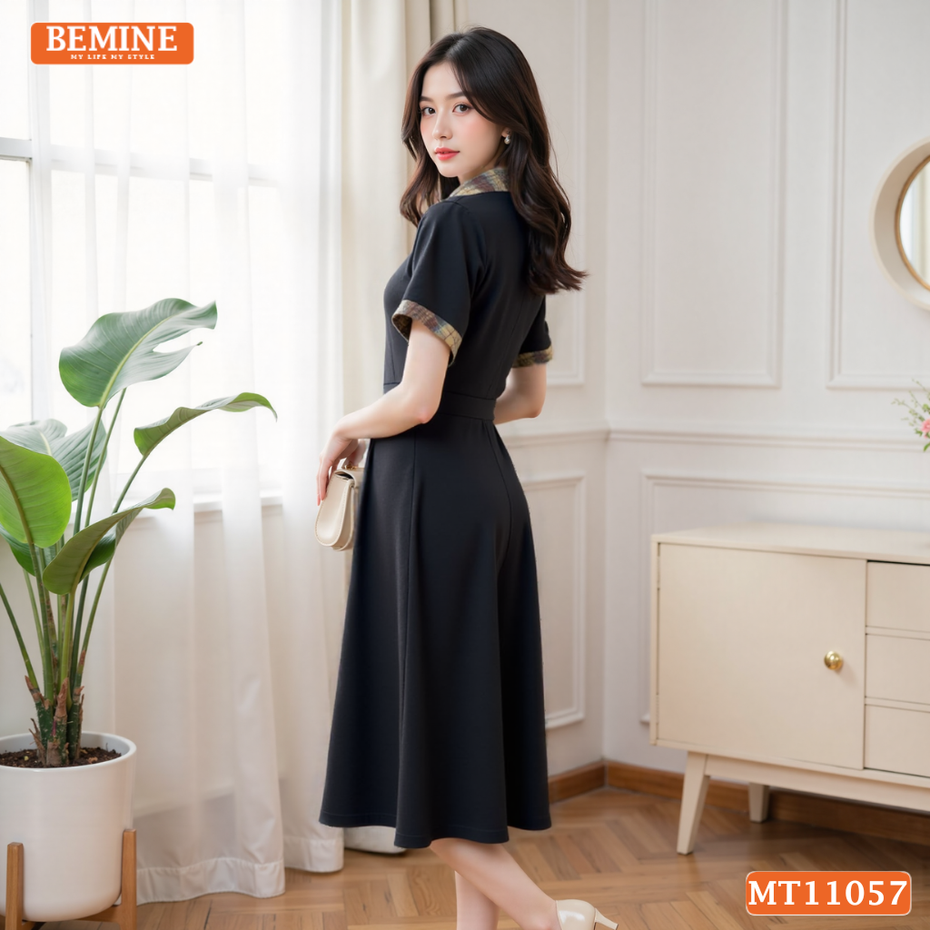 Đầm thiết kế BEMINE cổ sơ mi phối caro dáng chữ A MT11057
