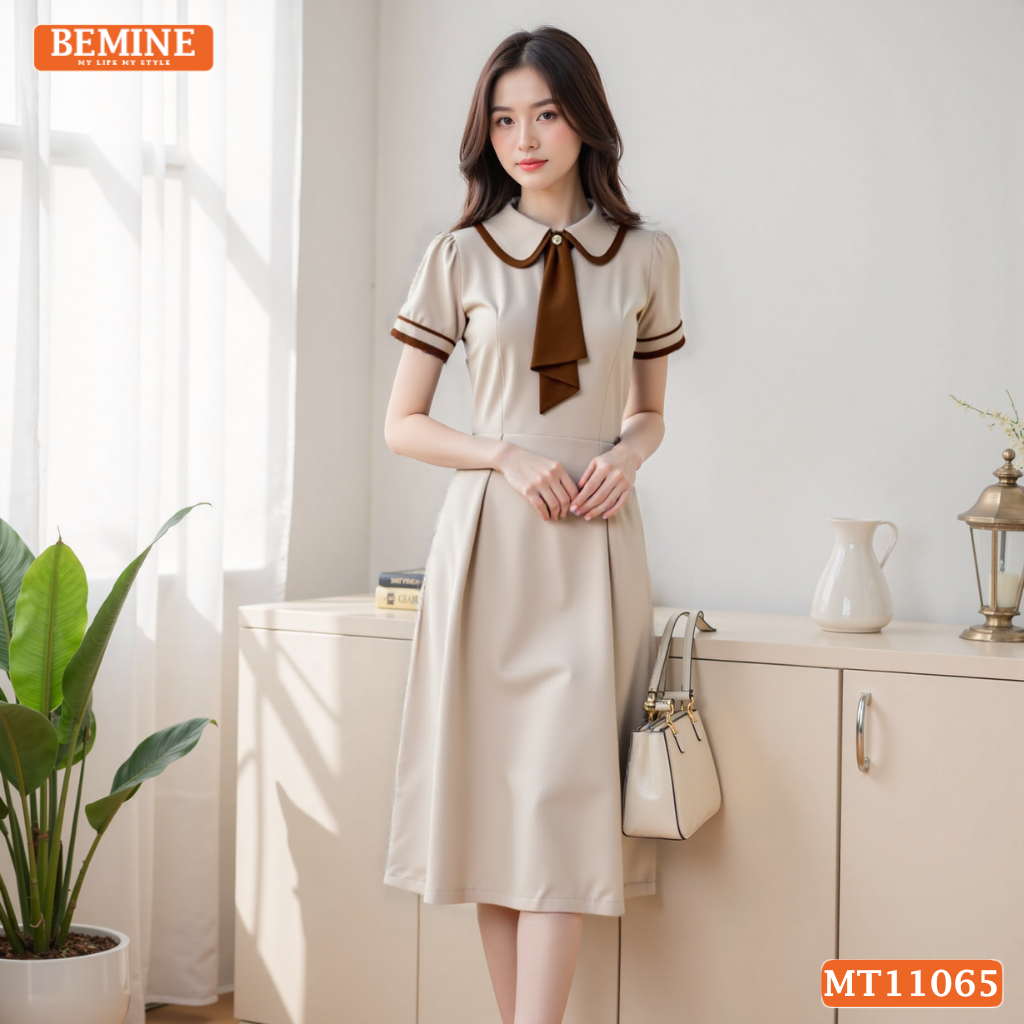 Đầm thiết kế BEMINE cổ đức phối cavat kiểu dáng chữ A phù hợp đi làm-MT11065