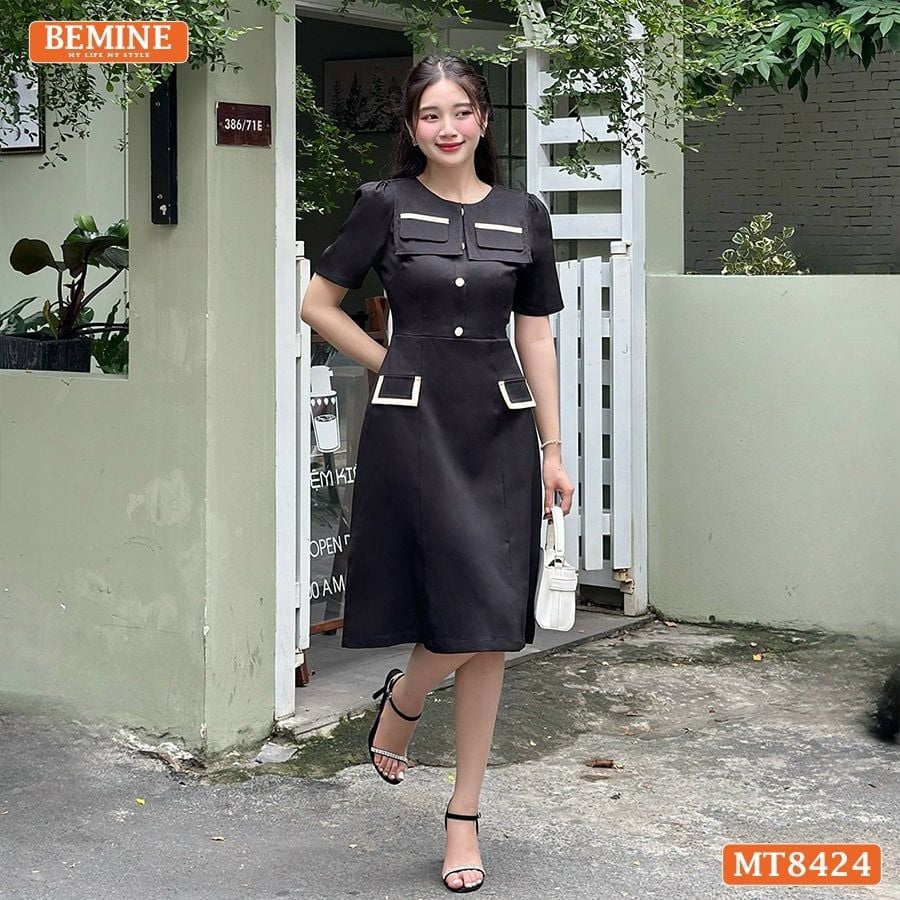 Đầm cổ tròn phối nắp túi tùng A MT8424