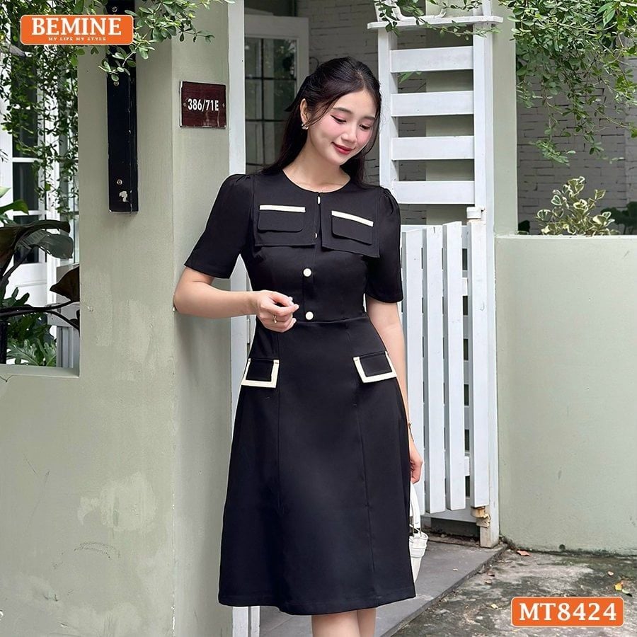 Đầm cổ tròn phối nắp túi tùng A MT8424