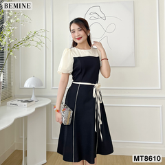 Đầm thiết kế phối tay phồng đính nơ eo MT8610