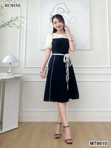 Đầm thiết kế phối tay phồng đính nơ eo MT8610