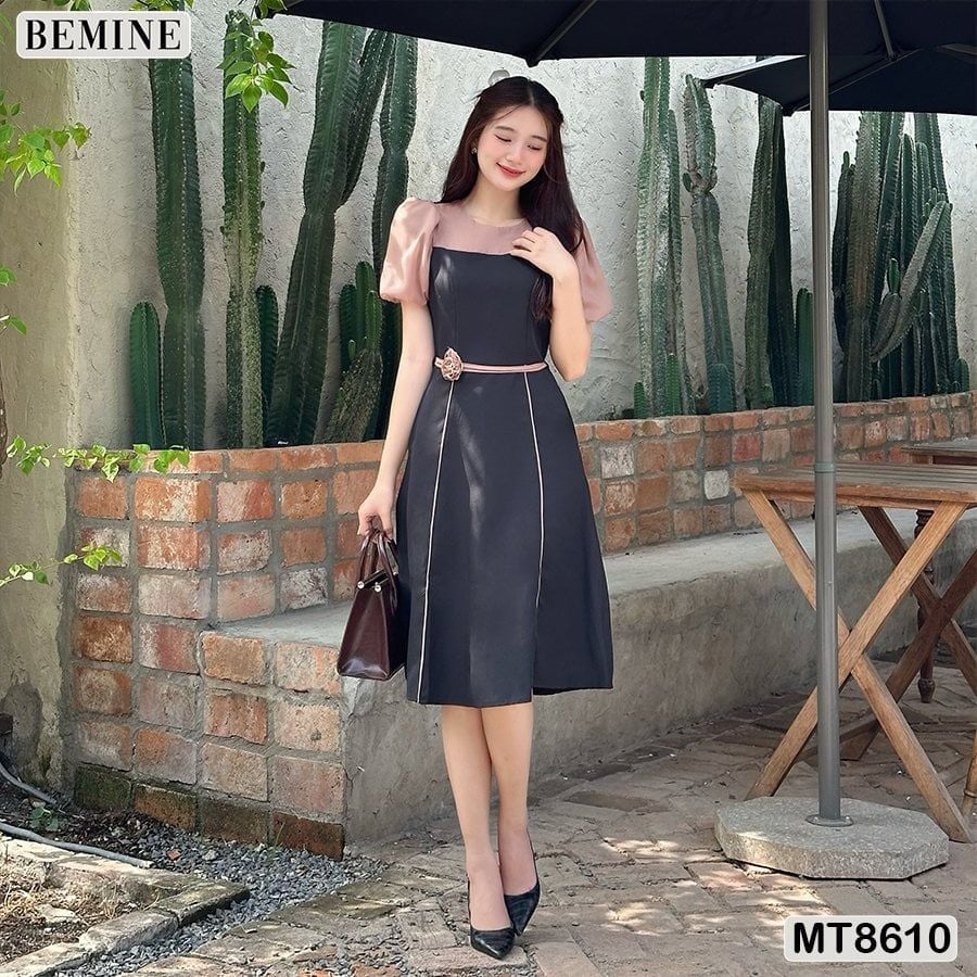 Đầm thiết kế phối tay phồng đính nơ eo MT8610