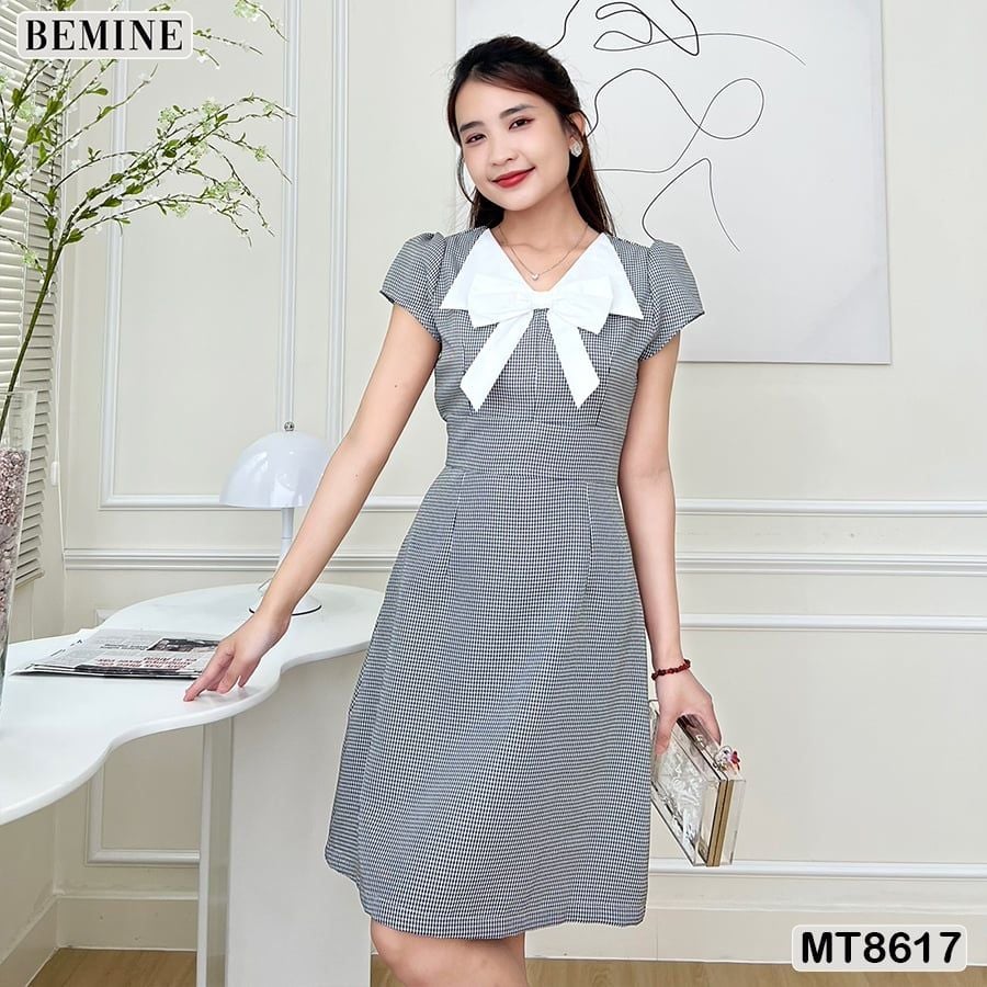 Đầm thiết kế ngắn tay cổ phối nơ MT8617
