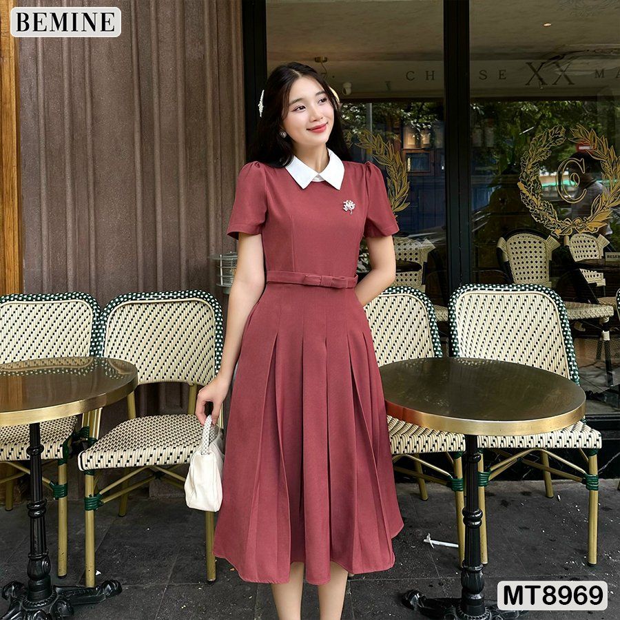 Đầm thiết kế cổ sen eo đính nơ tùng xếp ly MT8969