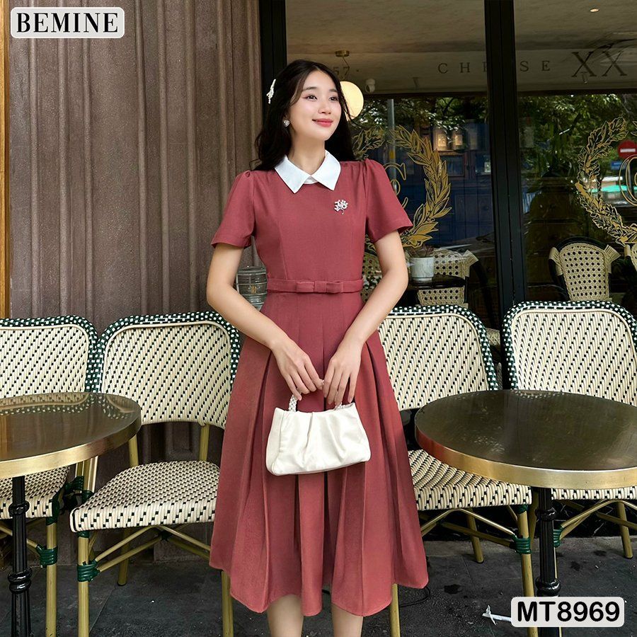 Đầm thiết kế cổ sen eo đính nơ tùng xếp ly MT8969