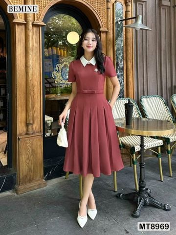Đầm thiết kế cổ sen eo đính nơ tùng xếp ly MT8969