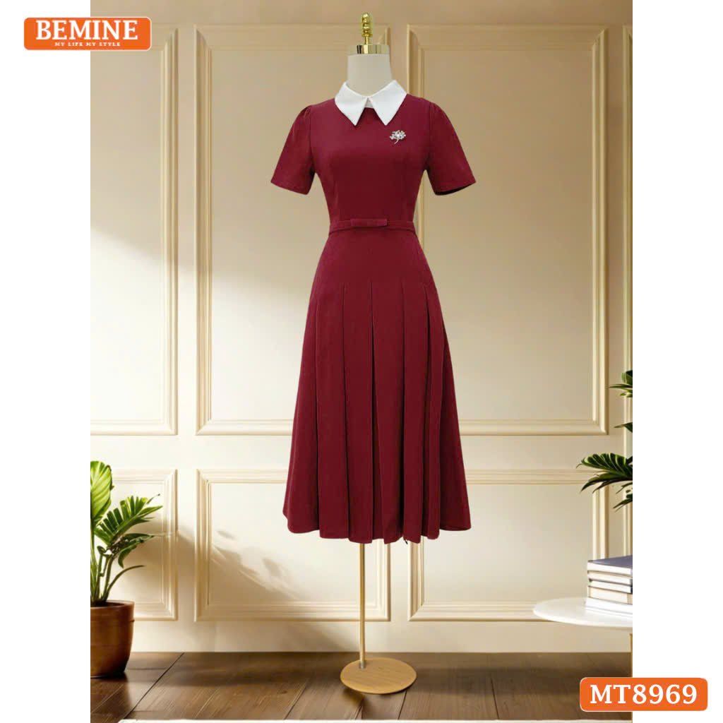 Đầm thiết kế cổ sen eo đính nơ tùng xếp ly MT8969