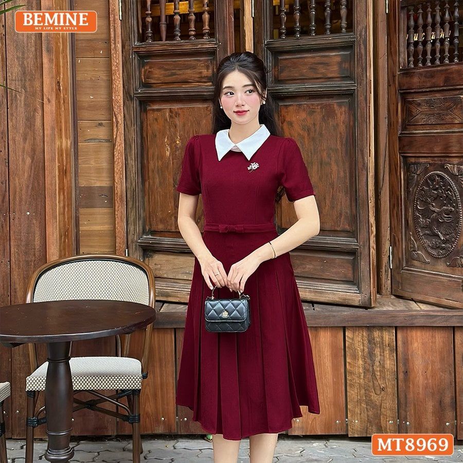 Đầm thiết kế cổ sen eo đính nơ tùng xếp ly MT8969
