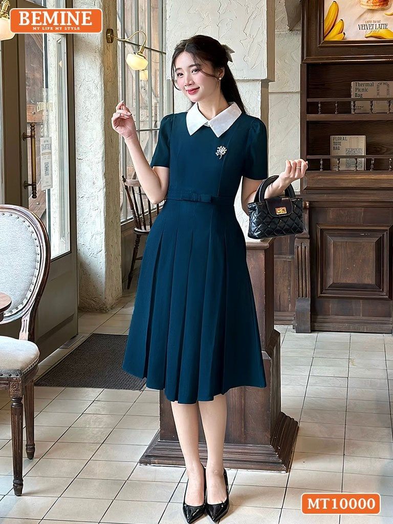Đầm thiết kế cổ sen eo đính nơ tùng xếp ly MT8969