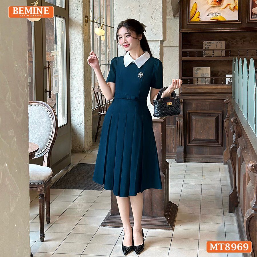 Đầm thiết kế cổ sen eo đính nơ tùng xếp ly MT8969
