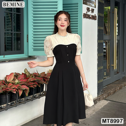 Đầm thiết kế cổ phối ren đính nút dáng xoè MT8997