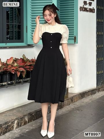 Đầm thiết kế cổ phối ren đính nút dáng xoè MT8997