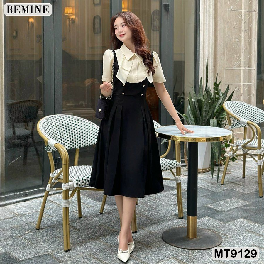Đầm thiết kế giả yếm cổ phối đính nơ dáng xếp ly MT9129