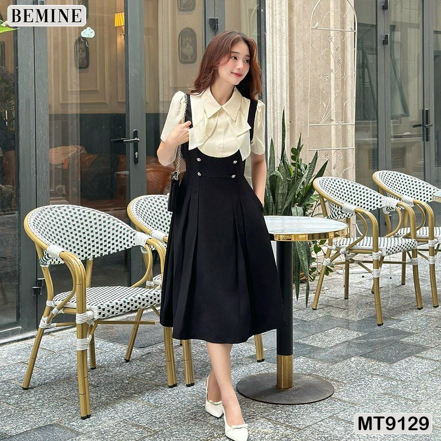 Đầm thiết kế giả yếm cổ phối đính nơ dáng xếp ly MT9129