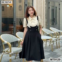 Đầm thiết kế giả yếm cổ phối đính nơ dáng xếp ly MT9129