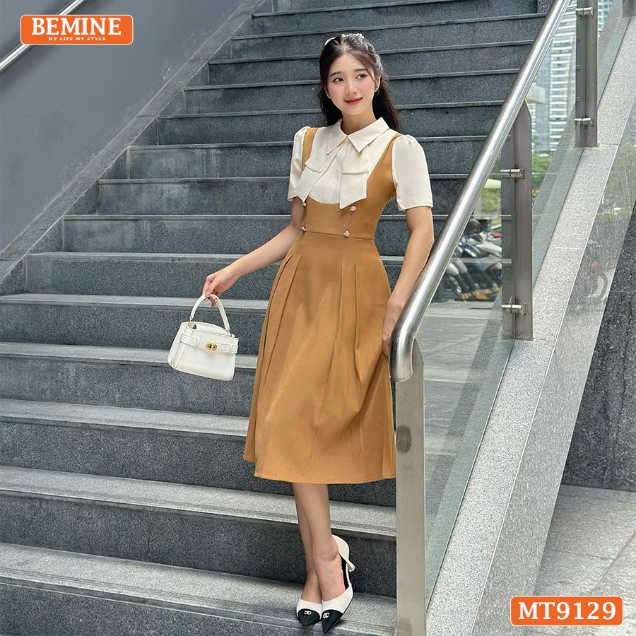 Đầm thiết kế giả yếm cổ phối đính nơ dáng xếp ly MT9129