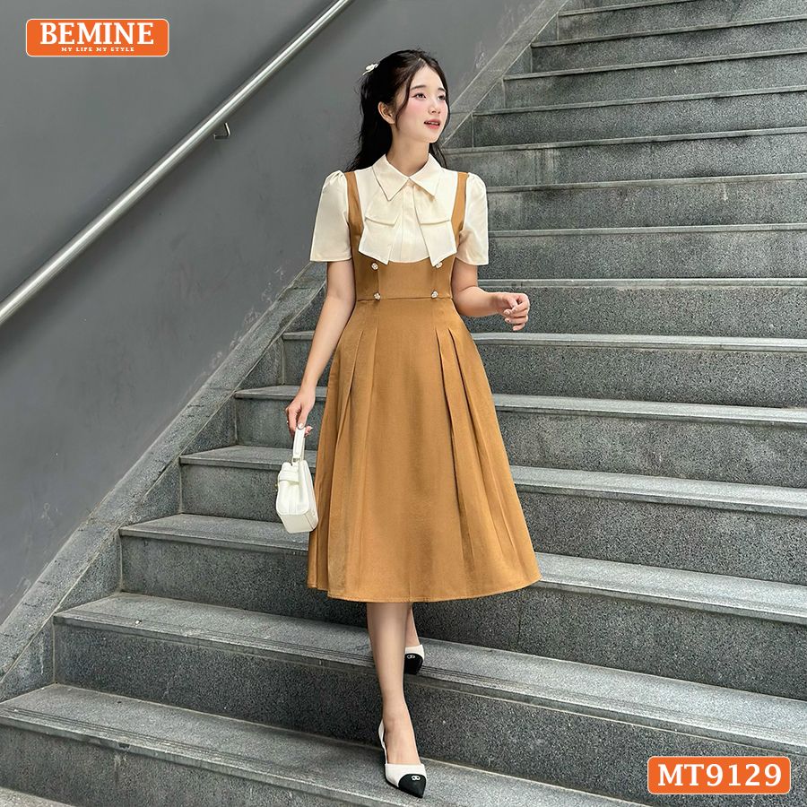 Đầm thiết kế giả yếm cổ phối đính nơ dáng xếp ly MT9129