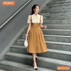 Đầm thiết kế giả yếm cổ phối đính nơ dáng xếp ly MT9129