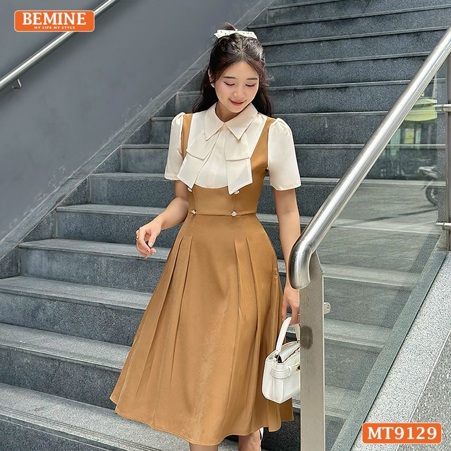 Đầm thiết kế giả yếm cổ phối đính nơ dáng xếp ly MT9129