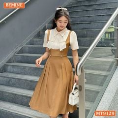 Đầm thiết kế giả yếm cổ phối đính nơ dáng xếp ly MT9129