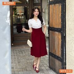 Đầm thiết kế cổ V phối lưới eo đính ngọc dáng xếp ly MT9133
