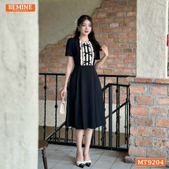 Đầm thiết kế cổ tròn phối ren đính nơ dáng chữ A MT9204