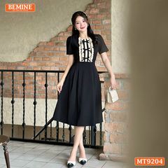 Đầm thiết kế cổ tròn phối ren đính nơ dáng chữ A MT9204