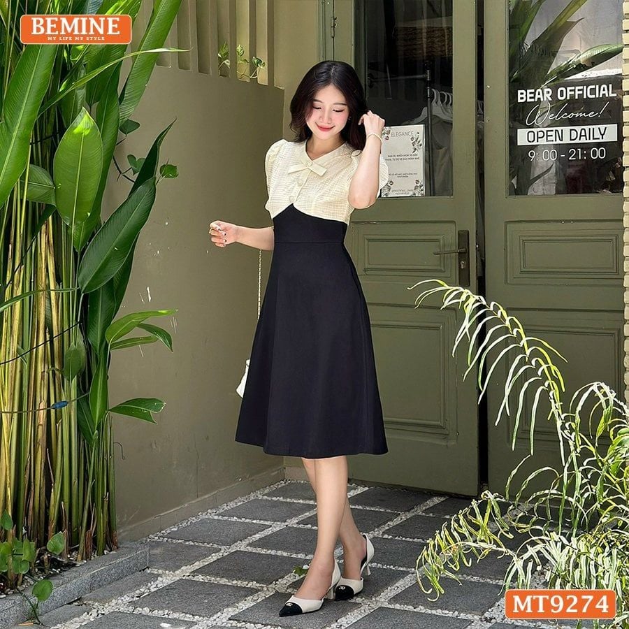 Đầm thiết kế phối lưới cổ đính nút dáng xòe MT9274