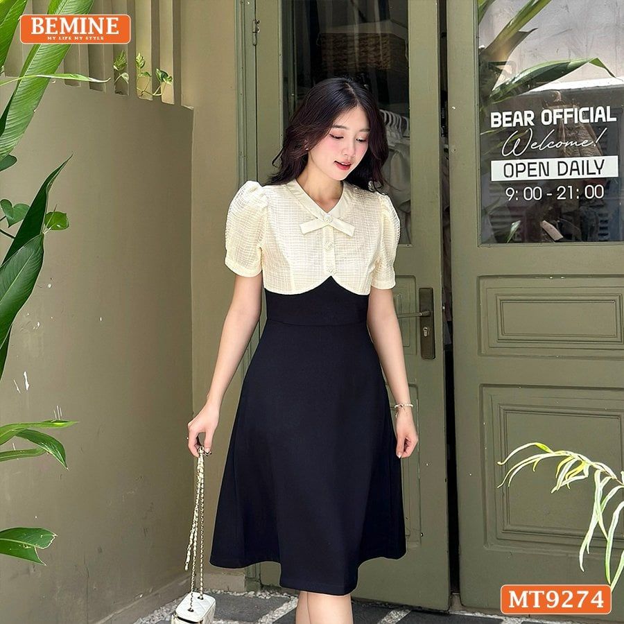 Đầm thiết kế phối lưới cổ đính nút dáng xòe MT9274