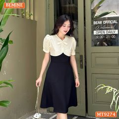 Đầm thiết kế phối lưới cổ đính nút dáng xòe MT9274