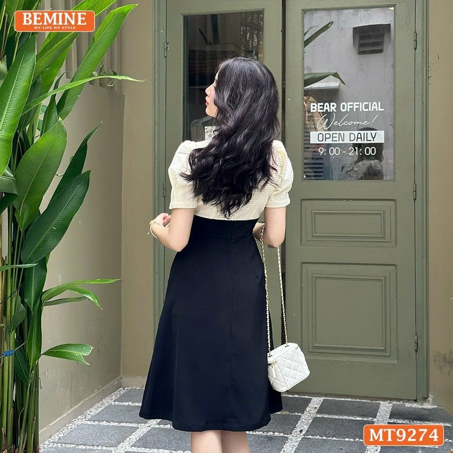 Đầm thiết kế phối lưới cổ đính nút dáng xòe MT9274