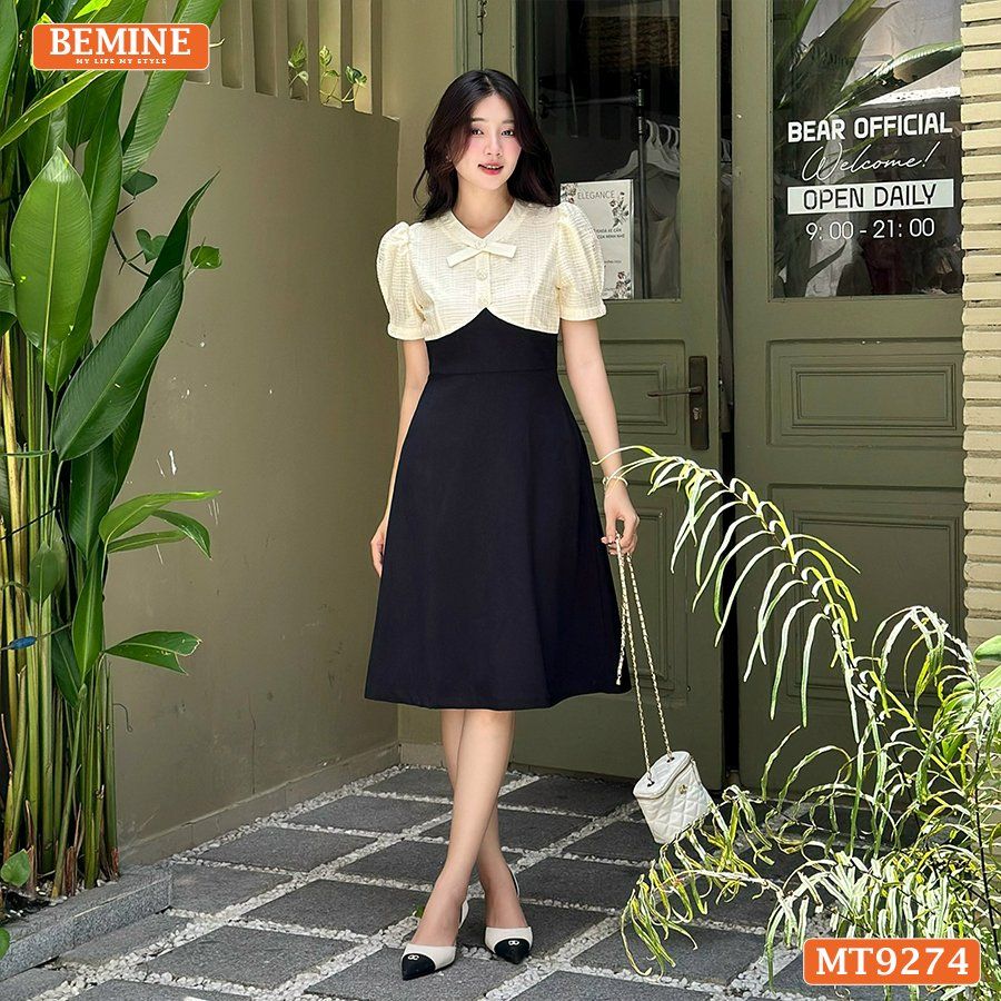 Đầm thiết kế phối lưới cổ đính nút dáng xòe MT9274