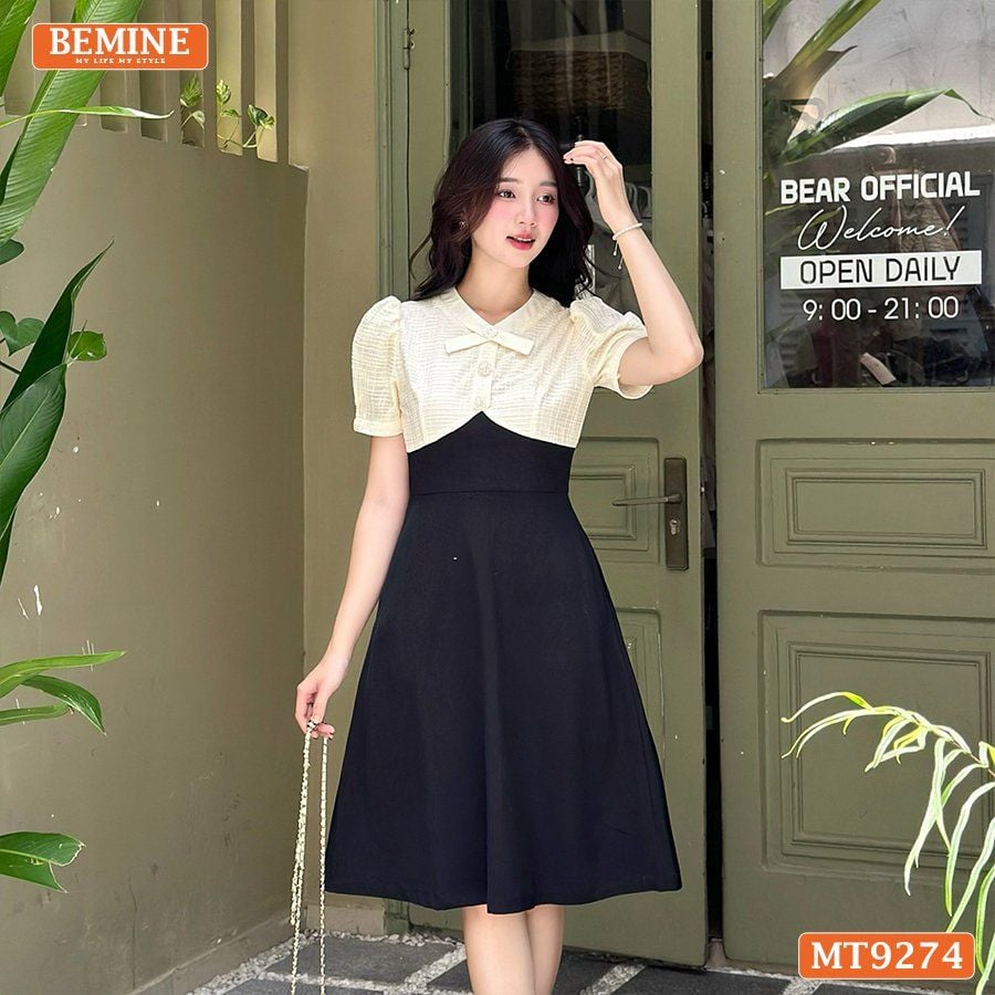 Đầm thiết kế phối lưới cổ đính nút dáng xòe MT9274