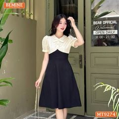 Đầm thiết kế phối lưới cổ đính nút dáng xòe MT9274