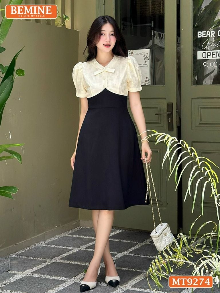 Đầm thiết kế phối lưới cổ đính nút dáng xòe MT9274