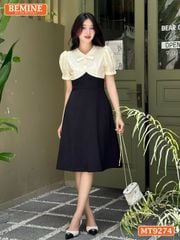 Đầm thiết kế phối lưới cổ đính nút dáng xòe MT9274