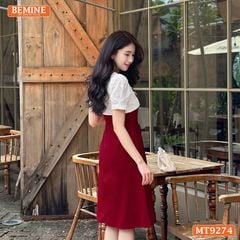Đầm thiết kế phối lưới cổ đính nút dáng xòe MT9274