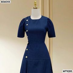 Đầm thiết kế cổ tròn đính nút dáng xếp ly MT9285