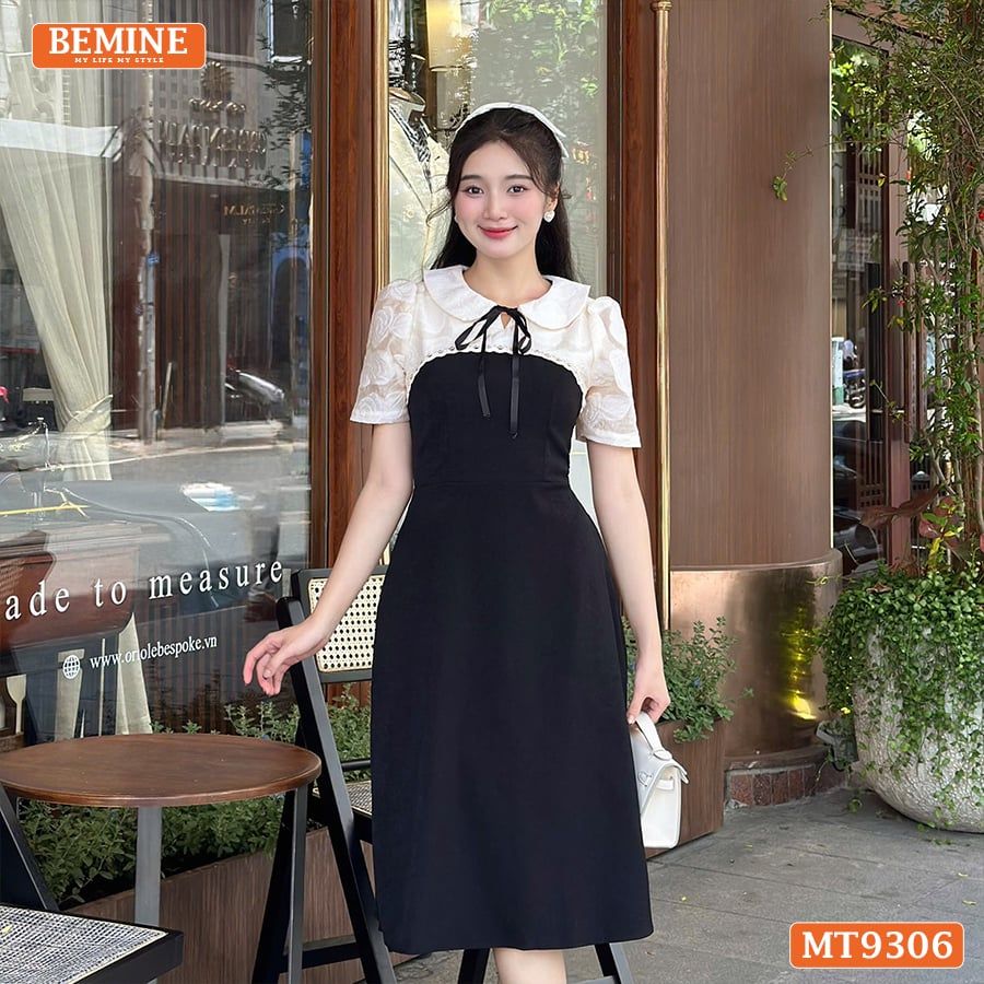 Đầm thiết kế cổ sen đính nơ tơ hoa nổi dáng chữ A MT9306