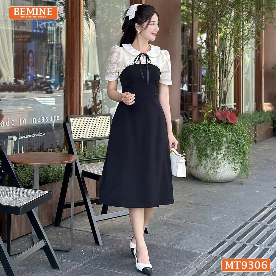 Đầm thiết kế cổ sen đính nơ tơ hoa nổi dáng chữ A MT9306