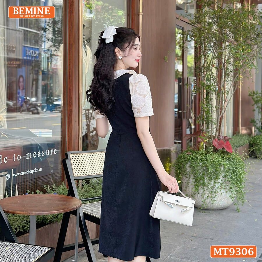 Đầm thiết kế cổ sen đính nơ tơ hoa nổi dáng chữ A MT9306