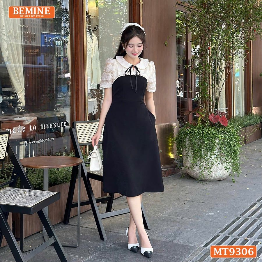 Đầm thiết kế cổ sen đính nơ tơ hoa nổi dáng chữ A MT9306