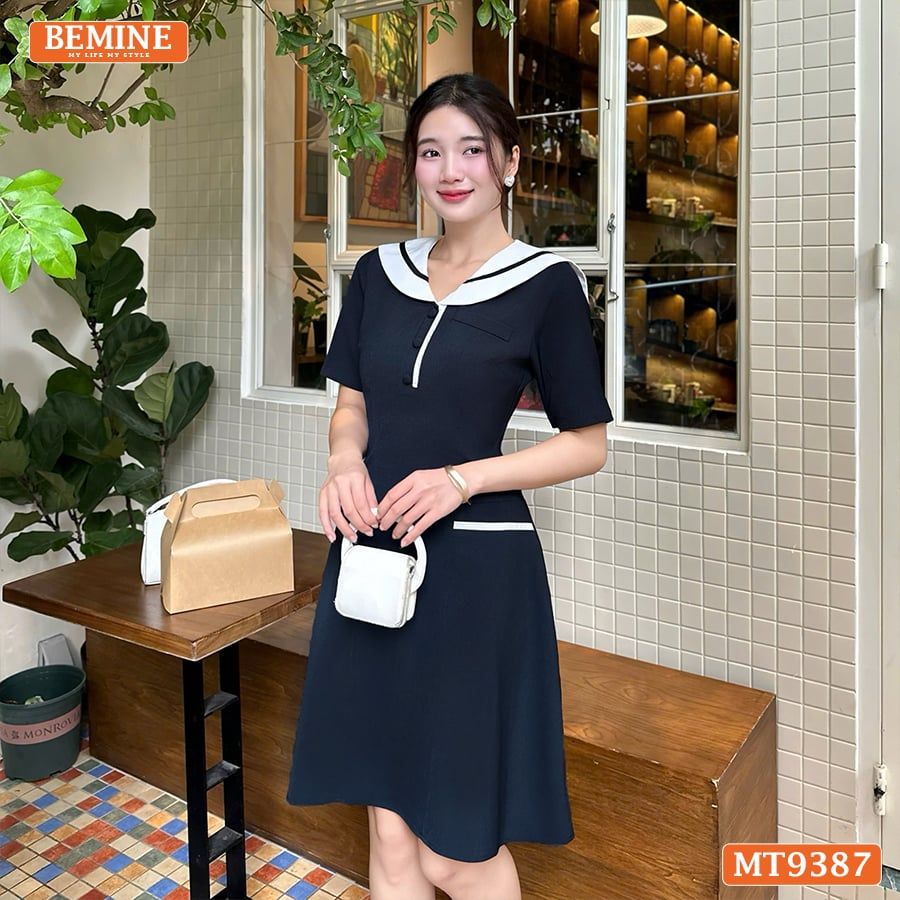 Đầm thiết kế cổ thủy thủ đính nút dáng chữ A MT9387