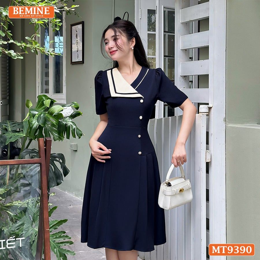 Đầm thiết kế cổ kiểu đính nút dáng xếp ly MT9390