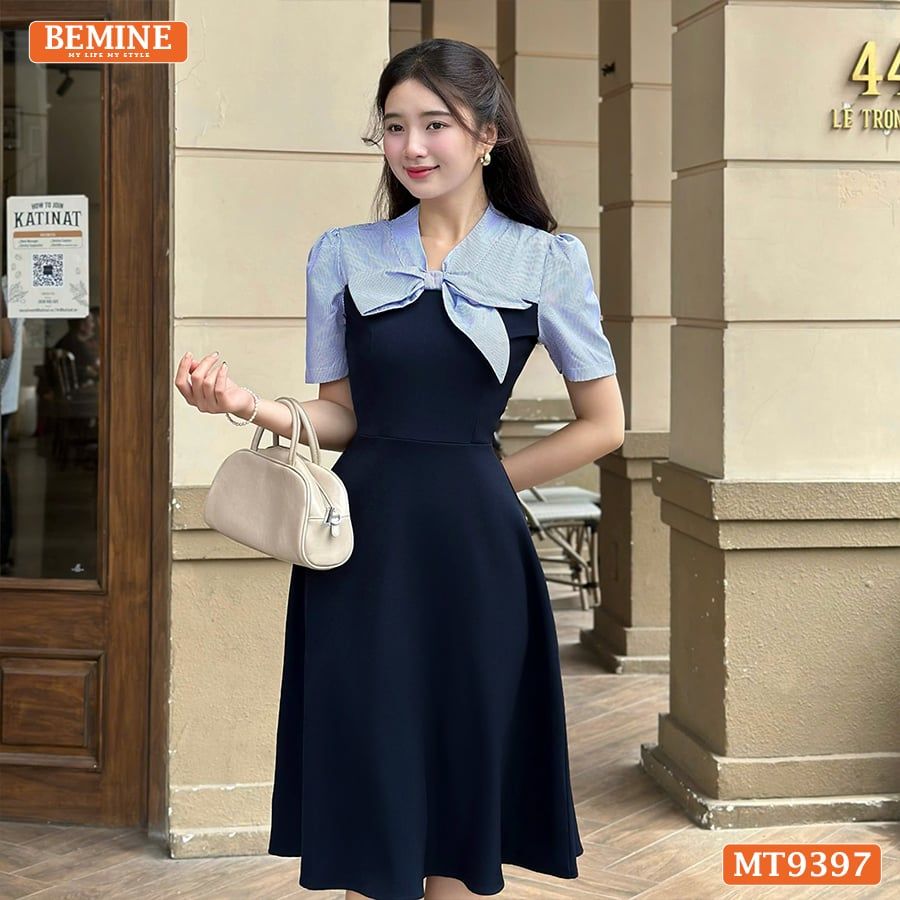 Đầm thiết kế cổ V thắt nơ cúp ngực dáng xếp ly MT9397