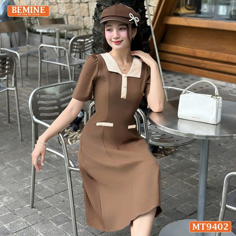 Đầm thiết kế cổ phối đính nút túi giả dáng chữ A MT9402