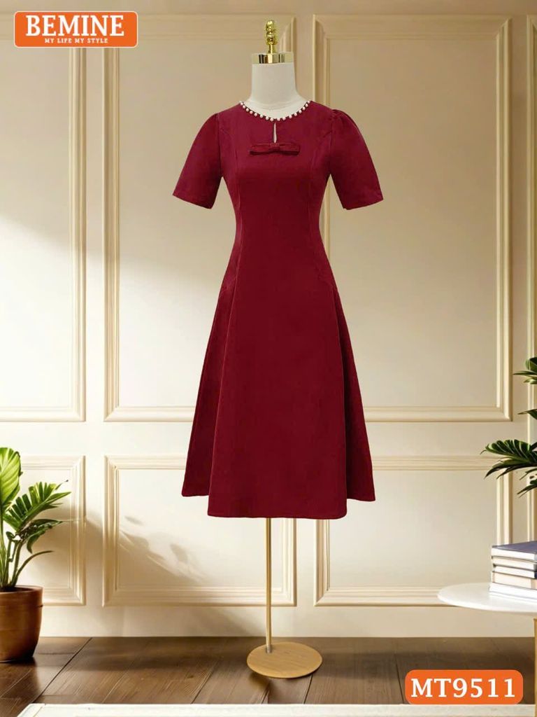 Đầm thiết kế BEMINE cổ tròn viền ngọc dáng chữ A phù hợp đi chơi, đi dạo phố-MT9511